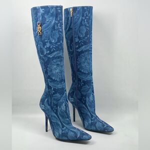 Versace T.110 110MM Floral Denim Pointed Boots size 38